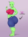 alien alien_humanoid antennae_(anatomy) barefoot big_butt bottomwear breasts bubble_butt butt clothing colored_fingernails colored_nails colored_toenails crop_top digital_media_(artwork) english_text evil_container feet female fingernails green_body green_skin hand_on_hip hi_res huge_butt humanoid keyboard-draws l'biia meme midriff nails shirt shorts shortstack shortstack_female side_view solo surrogan text thick_thighs toenails toes topwear