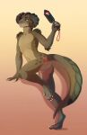  anthro ashe_colter balls bethesda_softworks brown_body brown_scales claws deathclaw fallout finger_claws foot_claws genitals gradient_background hi_res holding_object horn looking_at_viewer male mr_jager nude reptile scales scalie simple_background solo spanking_paddle thick_thighs video_games 