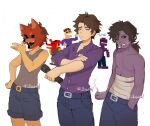  1boy age_progression bandages black_sclera blue_eyes brown_hair colored_sclera colored_skin crying_child&#039;s_brother_(fnaf) dabi_bill five_nights_at_freddy&#039;s five_nights_at_freddy&#039;s:_pizzeria_simulator five_nights_at_freddy&#039;s:_sister_location five_nights_at_freddy&#039;s_4 flashlight fox_mask highres holding holding_flashlight mask mask_on_head michael_afton multiple_persona purple_shirt purple_skin shirt short_hair shorts tank_top younger 