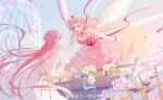  2girls absurdres angel_wings bare_arms bare_shoulders bead_necklace beads birdcage black_choker blue_sky bow breasts brown_eyes cage chinese_commentary choker chongjiu_yi_kuang_yan cleavage collarbone colorful_cake_tower_(shining_nikki) commentary_request crown cupcake dress dress_flower dual_persona eye_contact face-to-face feathered_wings feet_out_of_frame floating_clothes flower food food-themed_hat forehead frilled_dress frills from_behind garden_of_time_(shining_nikki) gold_crown gown hair_bun hand_on_another's_chin hand_on_railing happy hat hat_bow heart heart_necklace heart_print highres jewelry light_blush lipstick long_dress long_hair looking_at_another makeup medium_dress mini_crown multiple_girls nail_polish necklace nikki_(nikki) nikki_(series) open_mouth orange_flower orange_rose outdoors petals pink_bow pink_dress pink_flower pink_hair pink_lips pink_nails pink_rose pleated_dress pointy_nose print_dress rose shining_nikki shoulder_blades single_side_bun sky smile spread_wings strapless strapless_dress streamers sunrise teeth upper_teeth_only very_long_hair watermark wavy_hair weibo_watermark white_dress white_wings wings wrist_bow yellow_flower 
