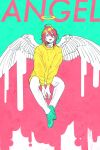  1boy angel_devil_(chainsaw_man) angel_wings between_legs blue_footwear chainsaw_man drgryu750 dripping feathered_wings floating halo hand_between_legs highres long_sleeves looking_to_the_side medium_hair open_mouth pants red_hair sitting solo stylistic sweater white_pants wings yellow_sweater 