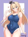  1girl ass_visible_through_thighs blonde_hair blue_eyes braid breasts commentary_request competition_school_swimsuit cowboy_shot crown hair_between_eyes half_up_braid highres kantai_collection large_breasts long_hair looking_at_viewer mini_crown purple_background school_swimsuit smile swimsuit warspite_(kancolle) white_background yatsurugi 