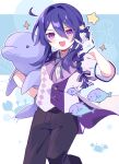  1boy :d \||/ ahoge aquarium_(ensemble_stars!) black_pants blue_background blush braid braided_ponytail buttons coattails crab diamond_button diamond_print ensemble_stars! fish gloves hair_between_eyes hair_intakes hair_over_shoulder hair_ribbon hand_up highres holding holding_stuffed_toy jacket jellyfish kanzaki_souma long_hair long_sleeves looking_at_viewer male_focus neck_ribbon official_alternate_costume oryyyv outline pants purple_eyes purple_hair purple_jacket purple_ribbon ribbon shirt sidelocks sleeve_cuffs smile solo sparkle star_(symbol) striped_ribbon stuffed_animal stuffed_dolphin stuffed_toy tailcoat three-quarter_sleeves two-tone_background v-shaped_eyebrows white_background white_gloves white_jacket white_outline white_ribbon white_shirt 