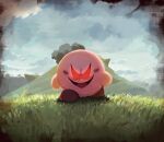  cloud cloudy_sky day evil_eyes evil_smile frown glowing glowing_eyes grass highres kirby kirby_(series) landscape looking_at_viewer mountain open_mouth outdoors red_eyes sky smile solo suyasuyabi tongue v-shaped_eyes vignetting walking 