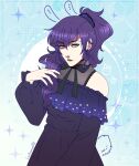  1girl absurdres animal_ears asahina_mafuyu black_bow black_bowtie blue_background bow bowtie closed_mouth commentary drawn_ears drawn_tail dress earrings expressionless eyelashes fingernails frilled_sleeves frills gem hair_ornament hair_scrunchie hand_up high_ponytail highres jewelry lips long_hair long_sleeves nail_polish off-shoulder_dress off_shoulder pearl_(gemstone) ponytail project_sekai puffy_long_sleeves puffy_sleeves purple_eyes purple_hair purple_nails purple_scrunchie rabbit_ears rabbit_tail scrunchie sidelocks solo sparkle tail tempusumbra twitter_username wavy_hair wavy_sidelocks 