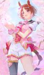  1girl animal_ears ascot black_thighhighs blue_sky blush breasts brown_hair cherry_blossoms flower-shaped_pupils flower_in_eye garter_straps hair_ornament highres horse_ears horse_girl horse_tail medium_breasts open_mouth outdoors pink_ascot pink_eyes pink_vest puffy_short_sleeves puffy_sleeves purple_eyes rainbow sakura_laurel_(saisir_le_reve)_(umamusume) sakura_laurel_(umamusume) shirt short_hair short_sleeves shorts single_thighhigh sky smile solo symbol-shaped_pupils symbol_in_eye tail thighhighs tuksi0302 umamusume vest white_shorts 