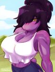  2022 alternate_hairstyle anthro big_breasts breasts clothing deltarune female hair hair_over_eye hi_res midriff monster one_eye_obstructed purple_body purple_scales reptile scales scalie shirt solo susie_(deltarune) tank_top thedarkzircon topwear undertale_(series) video_games 