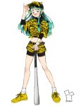  1girl absurdres animal_print aqua_eyes aqua_hair belt full_body hat highres long_hair lum midriff navel neginoaoitokoro open_mouth planted_baseball_bat shoes sidelocks simple_background sneakers solo tiger_print urusei_yatsura white_background yellow_shoes 