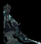  1boy armor black_armor black_background black_helmet bone bone_armor cape commentary cowboy_shot emaciated english_commentary gauntlets glowing glowing_eyes green_eyes helmet highres holding holding_staff horror_(theme) lich looking_at_viewer mage_staff male_focus midriff nagash open_mouth sallllltywater shoulder_armor skull staff stitched_torso stitches torn_cape torn_clothes undead warhammer:_age_of_sigmar 