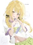  1girl blonde_hair blush braid collarbone commentary fujita_kotone gakuen_idolmaster highres idolmaster long_hair looking_at_viewer mimil navel_peek own_hands_together shirt short_sleeves shorts simple_background solo steam steepled_fingers sweat twin_braids white_background white_shirt yellow_eyes yellow_shorts 