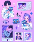  :3 animal artist_name bare_shoulders bird black_bird black_hair black_hat black_jacket bracelet braid brown_eyes camera can cat chopsticks closed_mouth couple derpy_(kpop_demon_hunters) drink_can earrings eating grey_hoodie grid_print hat hetero highres holding holding_animal holding_can holding_cat holding_chopsticks hood hoodie instant_cup_noodles instant_noodles jacket jewelry jinu_(kpop_demon_hunters) kiss kpop_demon_hunters l00llaby light_blush long_hair off-shoulder_shirt off_shoulder one_eye_closed parted_bangs pink_background pink_shirt postage_stamp print_shirt purple_hair rumi_(kpop_demon_hunters) shirt short_hair single_braid sleeveless sleeveless_shirt smile song_name sussie_(kpop_demon_hunters) tongue tongue_out unworn_bracelet viewfinder white_hoodie white_shirt 
