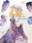  1girl 2zuz4hru absurdres artist_name blonde_hair commentary_request dress hat highres long_dress maribel_hearn mob_cap painting_(medium) puffy_short_sleeves puffy_sleeves purple_dress purple_eyes purple_ribbon ribbon short_sleeves simple_background touhou traditional_media watercolor_(medium) watermark white_background 