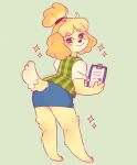 2024 2_toes 3_fingers animal_crossing anthro artist_name bangs barefoot bent_arm blonde_eyebrows blonde_hair blue_bottomwear blue_clothing blue_skirt blush blush_lines bottomwear canid canine canis clipboard closed_smile clothed clothed_anthro clothed_female clothing colored colored_line_art digital_drawing_(artwork) digital_media_(artwork) dipstick_tail domestic_dog english_description eyebrow_through_hair eyebrows eyelashes feet female female_anthro fingers floppy_ears fluffy fluffy_ears fluffy_tail full-length_portrait fully_clothed fully_clothed_anthro fully_clothed_female fur green_background green_clothing green_topwear green_vest hair holding_clipboard holding_object isabelle_(animal_crossing) looking_back lop_ears mammal markings mouth_closed multicolored_body multicolored_fur multicolored_hair nintendo orange_ears orange_hair paper pattern_clothing pattern_topwear pattern_vest plaid plaid_clothing plaid_topwear plaid_vest ponytail portrait purple_eyes purple_line_art purple_nose red_hair_tie shaded shih_tzu shirt simple_background skirt smile solo sparkles standing suzeart tail tail_markings tan_tail_tip text toes topwear toy_dog translucent translucent_hair two_tone_hair two_tone_tail vest white_clothing white_shirt white_topwear yellow_body yellow_fur yellow_tail