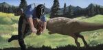  arthur_morgan battle cowboy cowboy_hat cowboy_western dinosaur dinosaur_tail fighting_stance grass hat highres outdoors pliosaurdork raptor red_dead_redemption_(series) red_dead_redemption_2 tail 