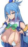  1girl absurdres aqua_(konosuba) areola_slip areolae blue_eyes blue_gemstone blue_hair bow breasts bright_pupils choker covered_nipples eyebrows_visible_through_hair frilled_choker frills gem green_bow grey_background hair_between_eyes highres kono_subarashii_sekai_ni_shukufuku_wo! large_areolae lifted_by_self light_blue_hair long_hair looking_at_viewer navel see-through shiny shiny_skin shirabe_shiki simple_background sketch sleeves_past_wrists smile solo teeth upper_body veins veiny_breasts white_pupils 