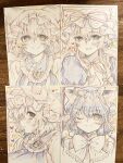  3girls animal_ear_piercing animal_ears blonde_hair blush bow bowtie breasts cat_ears cat_tail chen choker cleavage closed_mouth commentary_request dress earrings hat hat_ribbon heart highres hoop_earrings jewelry large_breasts looking_at_viewer masanaga_(tsukasa) medium_hair mob_cap multiple_girls multiple_tails nekomata one_eye_closed open_mouth photo_(object) purple_dress red_ribbon red_vest ribbon ribbon_choker smile tail touhou traditional_media two_tails vest white_bow white_bowtie white_dress white_hat yakumo_ran yakumo_yukari yellow_eyes 