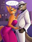  2022 anthro bedroom_eyes bottomwear canid canine canis clothing conditional_dnp dialogue diane_foxington digital_media_(artwork) drako1997 dreamworks dress duo english_text eyewear facial_hair female fox fur glasses hat headgear headwear hi_res male male/female mammal mr._wolf_(the_bad_guys) mustache narrowed_eyes necktie pants seductive sharp_teeth speech_bubble suit teeth text the_bad_guys wolf 