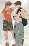  2boys alternate_eye_color antenna_hair bag baseball_cap black_bag blush bright_pupils brothers brown_eyes brown_hair camouflage camouflage_shorts cardigan character_doll commentary doll english_commentary green_shoes grey_hat hair_between_eyes hand_in_pocket hand_on_headwear hat hero_(birthday)_(omori) hero_(faraway)_(omori) hero_(omori) highres hood hood_down hoodie jewelry kel_(birthday)_(omori) kel_(faraway)_(omori) kel_(omori) long_sleeves low_ponytail male_focus mari_(omori) mari_(spirit)_(omori) multiple_boys official_alternate_costume omori open_mouth orange_hoodie pasuta928008 ponytail ring shoes short_hair short_ponytail shorts siblings smile sneakers socks stuffed_toy sweater turtleneck turtleneck_sweater white_cardigan white_pupils white_socks 
