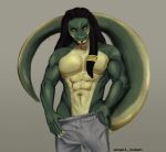 2022 5_fingers abs accessory angellumen anthro arms_bent artist_name black_eyeliner black_hair bottomwear bulge claws clothing colored detailed_bulge digital_drawing_(artwork) digital_media_(artwork) dreadlocks english_description eyeliner featureless_chest finger_claws fingers forked_tongue front_view furrowed_eyebrows genital_outline green_body green_scales green_tail grey_background grey_bottomwear grey_clothing grey_pants hair hair_accessory hair_ring half-length_portrait hand_on_hip hand_on_own_hip ikshun lidded_eyes light lighting lizard long_hair long_tail long_tongue looking_at_viewer makeup male multicolored_body multicolored_scales muscular muscular_arms navel no_eyebrows non-mammal_navel orange_eyes pants partially_clothed_anthro partially_clothed_male pecs penis_outline portrait red_tongue removing_pants reptile scales scalie shaded sharp_teeth simple_background smile smiling_at_viewer solo tail teeth text tongue tongue_out two_tone_body two_tone_scales two_tone_tail undressing_self yellow_body yellow_claws yellow_scales yellow_sclera yellow_tail