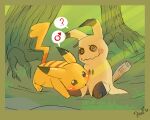  5:4 blush duo female forest gender_symbol krazyelf male mimikyu nintendo outside pikachu plant pok&eacute;mon pok&eacute;mon_(species) symbol tree video_games yellow_body 