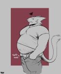 anthro avie aviesergal belly_peek bottomwear bottomwear_down bulge clothed clothing detailed_bulge dressing ear_piercing ear_ring facial_piercing frustrated hi_res male musclegut muscular nose_piercing overweight overweight_male pants pants_down partially_clothed piercing ring_piercing septum_piercing sergal small_bulge solo stretch_marks tail tight_clothing underwear weight_gain