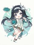 1girl aqua_sleeves bare_shoulders bird bird_hair_ornament black_hair blush bracelet breasts chibi chibi_only commentary_request detached_sleeves dress genshin_impact green_bird green_dress grey_hairband hair_ornament hairband highres jewelry lan_yan_(genshin_impact) leo_kkym long_hair looking_at_viewer medium_breasts metal_hairband multicolored_hair necklace non-humanoid_robot open_mouth purple_eyes robot robot_animal robot_bird silver_bracelet silver_hairband silver_necklace simple_background smile solo very_long_hair white_background 