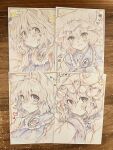  1girl animal_ear_fluff animal_ears animal_hat blonde_hair blue_tabard closed_mouth commentary_request fox_ears fox_tail hat heart highres kitsune masanaga_(tsukasa) mob_cap multiple_tails open_mouth photo_(object) smile tabard tail touhou traditional_media yakumo_ran yellow_eyes 