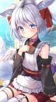  1girl :&lt; absurdres animal_ears apron bangs bare_shoulders belt_collar blurry bokeh breasts closed_mouth collar commentary depth_of_field detached_sleeves dot_nose eyebrows_visible_through_hair fox_ears fox_girl fox_tail frilled_apron frills grey_hair hair_ornament hair_ribbon hand_on_own_chest hazakura_shoha highres long_sleeves looking_at_viewer medium_hair original outdoors purple_eyes rainbow ribbon shadow sitting small_breasts solo tail tears thigh_strap thighhighs two_side_up water white_apron white_hair white_legwear wide_sleeves wings 