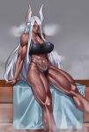 1girl abs animal_ears bare_shoulders black_panties black_sports_bra boku_no_hero_academia breasts cleavage collarbone commentary dark-skinned_female dark_skin english_commentary feet_out_of_frame highleg highleg_panties highres large_breasts long_eyelashes long_hair looking_at_viewer mirko muscular muscular_female navel obliques panties parted_bangs parted_lips rabbit_ears rabbit_girl red_eyes sauna sitting solo sports_bra steaming_body stomach sweat thick_thighs thighs towel underwear very_long_hair white_hair zinfian 