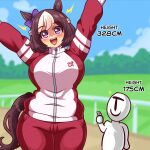  1girl 1other animal_ears arms_up blue_sky blush bow braid breasts brown_hair commentary ear_bow ear_ribbon half_up_braid height_difference highres horse_ears horse_girl horse_tail jacket large_breasts multicolored_hair open_mouth outdoors pants purple_bow purple_eyes red_jacket red_pants red_track_suit seireiart sky smile special_week_(umamusume) t-head_trainer_(umamusume) tail teeth thumbs_up tracen_training_uniform track_jacket track_pants track_suit trainer_(umamusume) tree two-tone_hair umamusume upper_teeth_only white_hair 