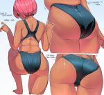  1girl ass bare_shoulders blue_swimsuit bob_cut competition_swimsuit dark-skinned_female dark_skin english_text from_behind multiple_views ohasi one-piece_swimsuit original pink_(ohasi) pink_hair plump short_hair skindentation swimsuit symbol-only_commentary thigh_gap thighs w_arms 