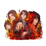  5boys black_coat black_hair brothers coat forehead_protector jewelry konohagakure_symbol looking_at_viewer multiple_boys naruto_(classic) naruto_(series) naruto_shippuuden naruto_shippuuden:_ultimate_ninja_blazing official_art open_clothes open_coat orange_mask purple_nails red_eyes ring sharingan siblings tobi_(naruto) uchiha_itachi uchiha_obito uchiha_sasuke upper_body 
