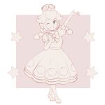  1girl bow chocomiru commentary crown dress elbow_gloves english_commentary full_body gloves highres long_hair looking_at_viewer mario_(series) new_super_mario_bros._u_deluxe peachette puffy_short_sleeves puffy_sleeves short_sleeves simple_background sketch smile solo sparkle super_crown toadette transformation twintails 