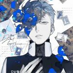  1boy blue_eyes blue_flower blue_hair collared_jacket collared_shirt commentary_request copyright_name detroit:_become_human english_text eyelashes flower flower_over_eye flower_request hari1000bom jacket looking_at_viewer male_focus parted_lips postage_stamp rk900_(detroit) shirt short_hair solo twitter_username 