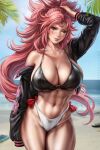  1girl abs adjusting_hair baiken beach bikini breasts cleavage dandon_fuga guilty_gear highres jacket large_breasts long_hair looking_at_viewer ocean one_eye_closed pink_eyes pink_hair scar scar_across_eye solo summer swimsuit toned undressing 