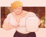  1boy absurdres bangs bara belt black_pants blonde_hair blush brown_belt closed_eyes commission cup falling_petals granblue_fantasy highres holding holding_cup large_pectorals male_focus manboobs milk muscular muscular_male open_mouth pants pectoral_cleavage pectoral_lift pectorals petals rapbitan shirt short_hair smile solo vane_(granblue_fantasy) white_shirt 