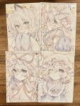  2girls animal_ear_fluff animal_ears animal_hat blonde_hair blue_tabard blush breasts choker cleavage commentary_request dress fox_ears fox_tail hat hat_ribbon heart highres kitsune large_breasts masanaga_(tsukasa) mob_cap multiple_girls multiple_tails photo_(object) purple_dress red_ribbon ribbon ribbon_choker tabard tail touhou traditional_media white_hat yakumo_ran yakumo_yukari 