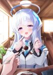  1girl 1other absurdres aqua_necktie blue_archive blunt_bangs blush breasts cake chocolate_cake closed_mouth collared_shirt commentary commentary_request fingernails food fork gu_abm halo headgear headphones highres holding holding_fork holding_spoon indoors jacket large_breasts long_hair looking_at_viewer mechanical_halo necktie noa_(blue_archive) pink_nails pov pov_hands purple_eyes shirt smile solo_focus spoon upper_body very_long_hair white_hair white_jacket white_shirt 