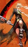  1girl absurdres black_coat blonde_hair boots closed_mouth coat eyelashes floating_hair gloves green_eyes green_necktie highres holding holding_scythe holding_weapon kyezzzz maka_albarn necktie orange_background red_skirt scythe shirt skirt solo soul_eater twintails weapon white_gloves white_shirt 