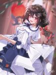  1girl apple black_hair blue_bow blurry blurry_foreground blush bow braid breasts commentary_request commission dress dutch_angle floating_hair food frilled_dress frilled_shirt_collar frills fruit gem hair_between_eyes hair_ornament hair_ribbon highres large_breasts long_hair looking_at_viewer open_mouth original red_eyes red_gem red_ribbon ribbon round_collar short_sleeves sidelocks skeb_commission two-tone_dress white_bow x_hair_ornament yuuyu_(moco20111115) 