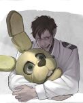  1boy absurdres animal_costume brown_hair evil_smile five_nights_at_freddy&#039;s highres object_hug oyoso_goku rabbit_costume security_guard short_hair smile solo spring_bonnie_(fnaf) william_afton 