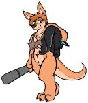  anthro bodily_fluids bottomless breasts carried carrying carrying_over_shoulder clothed clothing club_(weapon) dominant dominant_female duo female genitals hi_res kangaroo kobold larger_female macropod male male/female mammal marsupial melee_weapon pussy reptile scalie size_difference smaller_male submissive submissive_male sweat torn_clothing trout_(artist) weapon worried 