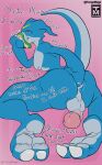  anal anal_fingering anthro anus balls bandai_namco blue_body bodily_fluids claws clenched_teeth clothing digimon digimon_(species) feet fingering flamedramon genital_fluids genitals half-closed_eyes hi_res male markings narrowed_eyes precum raised_tail reptile saliva scalie sniffing sniffing_clothes solo tail teeth tenge_mage text underwear underwear_sniffing 
