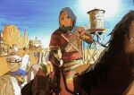  3boys blonde_hair cowboy_hat desert epona goggles goggles_on_headwear grills gyro_zeppeli hat highres johnny_joestar jojo_no_kimyou_na_bouken link male_focus multiple_boys slow_dancer_(jojo) spurs steel_ball_run suzusinalu13954 the_legend_of_zelda the_legend_of_zelda:_breath_of_the_wild valkyrie_(jojo) 