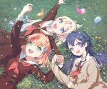  3girls absurdres arm_up arms_up blonde_hair blue_eyes blue_hair blue_petals blue_ribbon braid brown_cardigan brown_dress cardigan commentary_request dandelion dress falling_petals flower gradient_hair grass hair_ornament hair_ribbon half_up_braid half_updo hasu_no_sanrenka hasu_no_sora_school_uniform highres hinoshita_kaho holding_hands lao_ren_xing link!_like!_love_live! long_sleeves looking_at_viewer love_live! lying medium_hair mole mole_on_neck multicolored_hair multiple_girls murano_sayaka neckerchief on_back on_ground on_side open_cardigan open_clothes open_mouth orange_hair orange_petals osawa_rurino petals pink_petals rabbit_hair_ornament red_neckerchief ribbon sailor_collar sailor_dress school_uniform two_side_up virtual_youtuber white_sailor_collar winter_uniform yellow_flower 