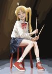  1girl ahoge bocchi_the_rock! bow bowtie braid commentary commentary_request detached_ahoge drumsticks full_body h4sh1rnoto happy highres holding holding_drumsticks ijichi_nijika light_blush on_stool pleated_skirt red_bow red_bowtie red_shoes school_uniform shimokitazawa_high_school_uniform shoes shuka_high_school_uniform side_ponytail side_ponytail_with_braided_base simple_background sitting skirt smile sneakers socks solo stool 