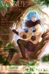  1other absurdres androgynous bcn57299 black_fur black_pantyhose blue_hair boots branch brown_boots brown_poncho chinese_commentary colored_eyelashes commentary_request cutout_eyelashes english_text falling_leaves floating_hair full_body fur-trimmed_poncho hair_between_eyes highres in_tree leaf long_hair long_sleeves looking_to_the_side official_alternate_costume open_mouth other_focus pantyhose pleated_skirt pom_pom_(clothes) rimuru_tempest sample_watermark sidelocks sitting sitting_in_tree skirt smile solo sunlight tensei_shitara_slime_datta_ken too_many_watermarks tree very_long_hair vogue_(magazine) watermark watermark_grid yellow_eyes 