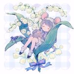  1girl animal animal_ears cat closed_eyes conago flower frills grey_hair holding holding_animal holding_cat lace lily_of_the_valley long_hair minigirl mouse_ears mouse_tail neck_ribbon original purple_ribbon ribbon romper sitting sleeping tail tail_ornament tail_ribbon 