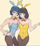  1boy 1girl animal_ear_hairband animal_ears black_hair black_pantyhose blue_eyes blue_hair blue_leotard bow bowtie breasts commentary_request cowboy_shot detached_collar fa_yuiry fake_animal_ears gundam hairband hand_on_own_hip kamille_bidan kasumi_(skchkko) leotard male_playboy_bunny pantyhose playboy_bunny rabbit_ear_hairband rabbit_ears rabbit_tail red_bow red_bowtie short_hair simple_background smile strapless strapless_leotard tail wrist_cuffs yellow_background yellow_leotard zeta_gundam 