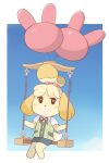  1girl animal_crossing blonde_hair border brown_eyes chocomiru dog_girl furry green_skirt happy isabelle_(animal_crossing) no_humans open_mouth personification polka_dot polka_dot_background shiny shiny_hair skirt smile solo swinging 